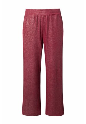 Pantaloni larghi rossi, texture fine, con vita elasticizzata. Il tessuto ha un leggero luccichio, creando un effetto scintillante in tutto il capo.