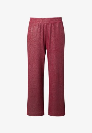 Red, textured, wide-leg pants featuring an elastic waistband. The fabric has a subtle shimmer, creating a sparkly effect throughout.