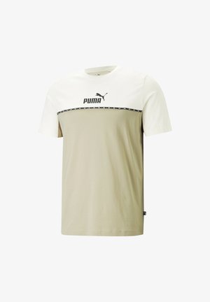 T-shirt à manches courtes en vert olive et blanc, en coton, avec le logo "PUMA" noir et une bande noire en accent sur la zone de la poitrine.