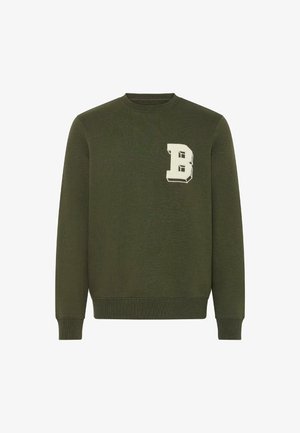 Sweatshirt vert olive en tissu doux, avec un col rond côtelé et des poignets côtelés, portant une lettre blanche en blocs "B" sur la poitrine gauche.