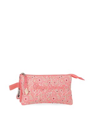 Bolsa de tela floral rosa con cremallera, asa lateral y "Pepe Jeans" bordado en el frente.