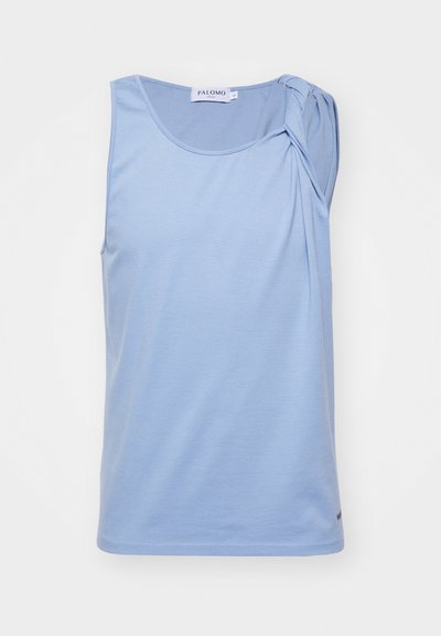 Light blue sleeveless top made of smooth fabric, featuring a gathered detail on the left shoulder and a rounded neckline.