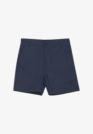 Tumed sinised lühikesed püksid kerge kangaga, millel on ees nööp sulgemine, kaks küljetaskut ja reljeefne logo alajalas.