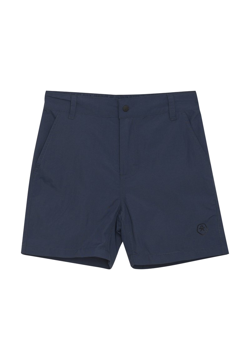 Mörkblå shorts i lätt tyg, med knappstängning fram, två sidofickor och en präglad logotyp på nedre benet.