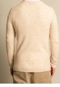 Mann in beigem Strickpullover und khakifarbenen Hosen, von hinten vor einem neutralen Hintergrund gezeigt.