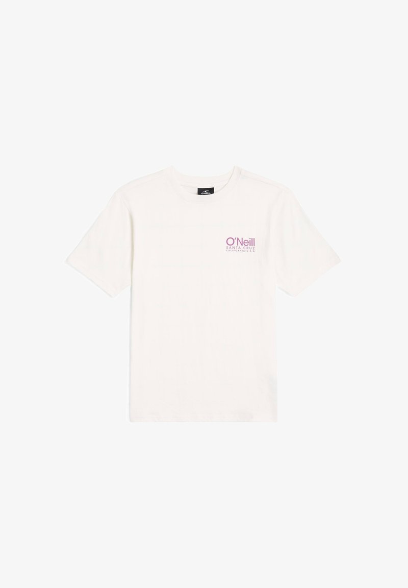 Balta medvilnė marškinėliai trumpomis rankovėmis, apvaliu kaklo iškirpimu ir violetiniu tekstu "O'Neill SANTA CRUZ" viršutiniame kairiajame kampe. Minimalistinis dizainas.