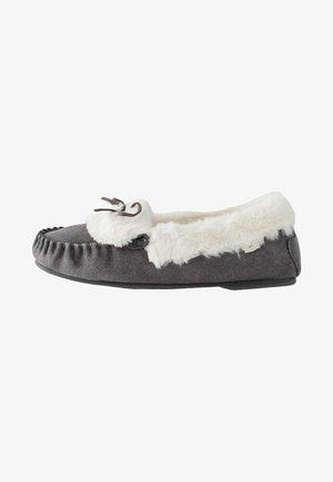 Gray suede slipper with white faux fur lining, rounded toe, and decorative bow. Mottled texture and stitched edges. Flat black sole.