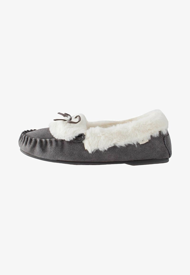 Gray suede slipper with white faux fur lining, rounded toe, and decorative bow. Mottled texture and stitched edges. Flat black sole.