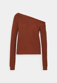 Off-the-shoulder rust-colored knitted sweater with long sleeves, ribbed texture, and a cropped fit. Features a wide neckline.