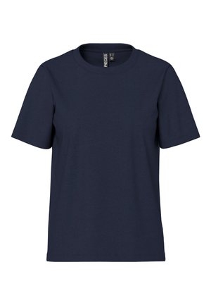 Marineblaues Baumwoll-T-Shirt mit rundem Ausschnitt, kurzen Ärmeln und geradem Schnitt. Keine auffälligen Muster oder Verzierungen. Schlichtes Design.