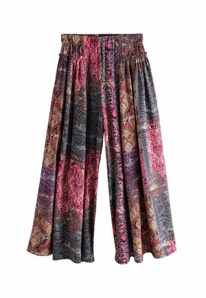 Bukser med vide ben og elastisk talje med rynker, med et flerfarvet paisley-mønster i nuancer af pink, sort og beige.