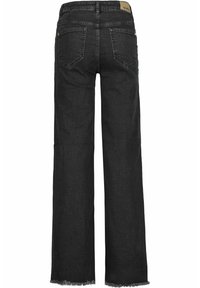 Schwarze weit geschnittene Jeans aus Denim, mit ausgefranstem Saum, fünf Taschen und einer mittelhohen Taille mit einem Etikett an der Rückseite.