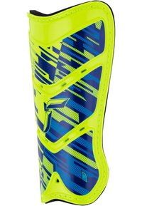 Bright yellow shin guard with a glossy finish, featuring blue geometric patterns and black interior padding. Designed for protection and comfort.