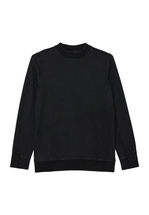 Schwarzer Sweatshirt mit geripptem Rundhalsausschnitt und Ärmeln mit Bündchen, verfügt über lange Ärmel und eine glatte Textur. Keine sichtbaren Muster oder Akzente.