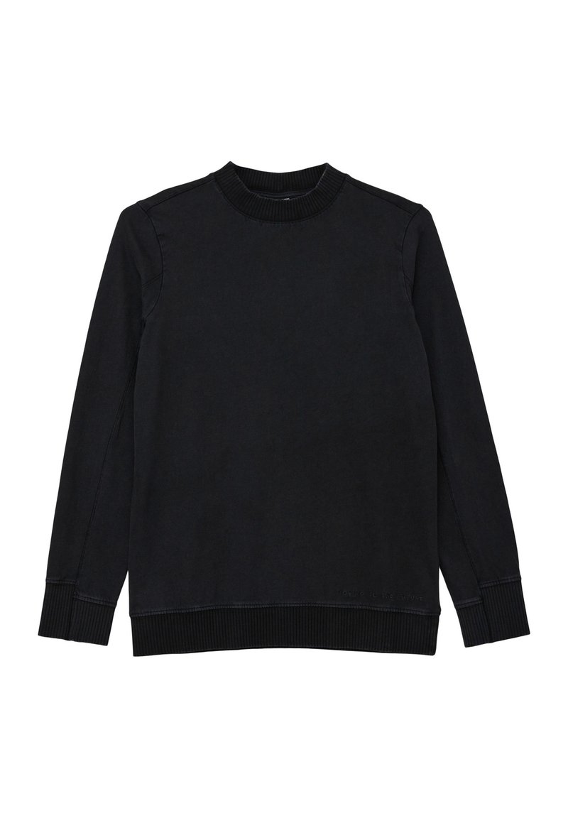 Zwarte sweatshirt met een geribbelde ronde hals en manchetten, met lange mouwen en een gladde textuur. Geen zichtbare patronen of accenten.