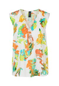 Weißes Blusenshirt mit bunten tropischen Blättern in Orange, Grün und Blau. Mit V-Ausschnitt, kurzen Ärmeln und einem Bindeband mit Quasten.