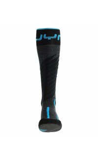Calcetín negro hasta la rodilla con acentos azules, hecho de un material texturizado. Presenta un diseño estampado y puntera reforzada para mayor durabilidad.