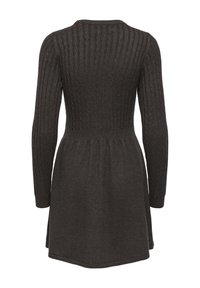 Robe en maille brun foncé à manches longues, corsage côtelé ajusté et jupe évasée, vue de dos sur fond blanc.