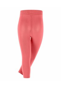 Leggings corail en tissu extensible, dotés d'une taille haute et d'une texture lisse, avec une coupe ajustée et une longueur au niveau de la cheville.
