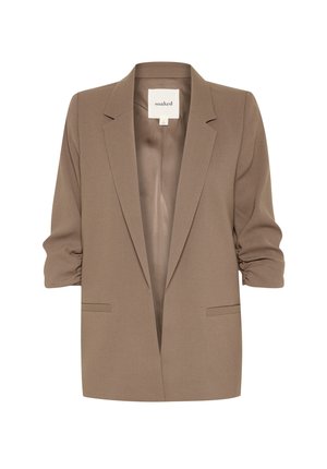 Brauner strukturierter Blazer mit hochgeschlagenen Ärmeln, offenem Vorderteil, Seitentaschen und einer weichen Textur. Das Etikett trägt die Aufschrift "soaked".