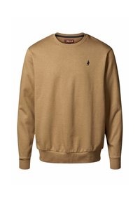 Sudadera de manga larga marrón hecha de una mezcla de algodón, con puños y dobladillo acanalados. Presenta un pequeño logo en azul marino en el pecho.