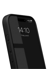 Black smartphone with a sleek design, featuring a glass display, side volume buttons, and a notification bar showing time and date.