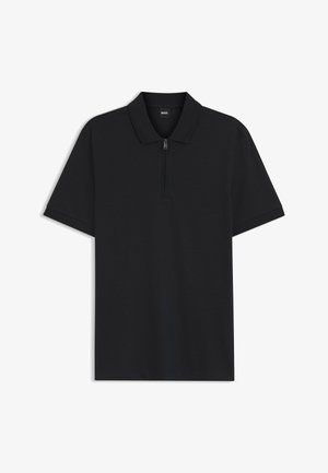 Schwarzes Poloshirt aus strukturierter Stoffqualität mit Viertel-Reißverschluss am Kragen und kurzen Ärmeln. Einfaches und sauberes Design ohne Muster.