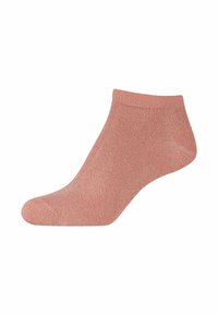 Rosa ankelstrømpe med tekstureret finish, der har en ribbet kant og en glat, shimmer-effekt over hele materialet.