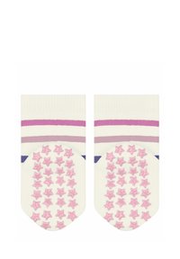Chaussettes blanches avec des rayures roses et violettes en haut, ornées de prises en forme d'étoile rose sur les semelles pour une traction antidérapante.