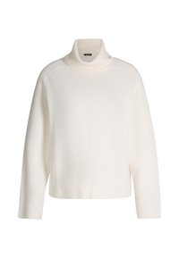 Weißer gestrickter Rollkragenpullover mit strukturierter Oberfläche, geripptem Saum und Bündchen sowie lockerer Passform. Keine sichtbaren Logos oder Muster.