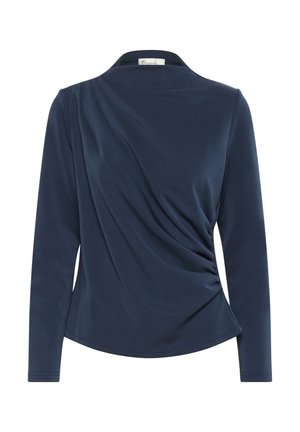 Navy long-sleeve top with a collared neckline, featuring gathered fabric on the front and smooth texture throughout.