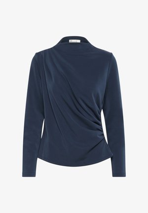 Maglia a maniche lunghe blu navy con colletto, caratterizzata da tessuto arricciato sul davanti e una texture liscia in tutto il capo.