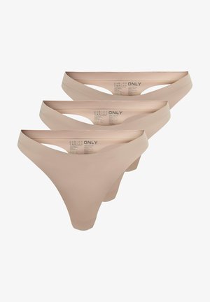 Tri parova donjeg rublja u boji kože s tangama, izrađena od glatkog materijala s niskim strukom i izrezanim stranama. Oznake su vidljive na struku.