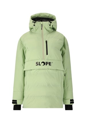 Vaaleanvihreä eristetty takki, jossa on korkea kaulus, etuvetoketju, rintatasku ja mustat koristeet hihoissa ja helmassa. Brändilogo näkyvästi esillä.