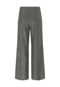 Graue weit geschnittene Hosen aus einem strukturierten, metallischen Stoff mit Glanz. Sie verfügen über eine hohe Taille und eine gerade Silhouette.
