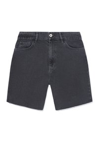 Mustad denimpüksid tavalise lõikega, varustatud nööbi ja luku sulgemisega, viis taskut ning sirge jala disain.