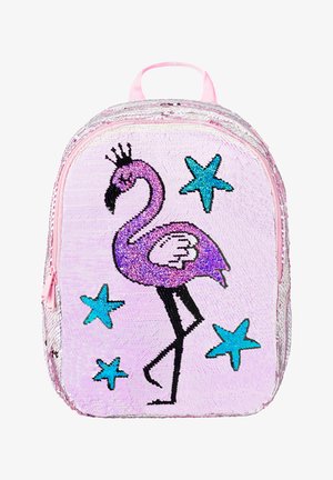 Zaino con un esterno di paillettes rosa, un design di fenicottero glitterato viola e accenti di stelle turchesi. Forma arrotondata con manico superiore.