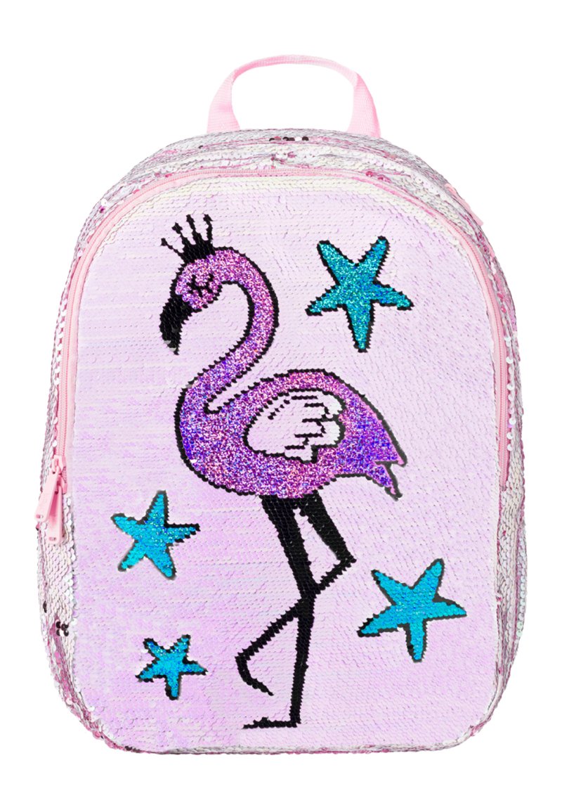 Zaino con un esterno di paillettes rosa, un design di fenicottero glitterato viola e accenti di stelle turchesi. Forma arrotondata con manico superiore.