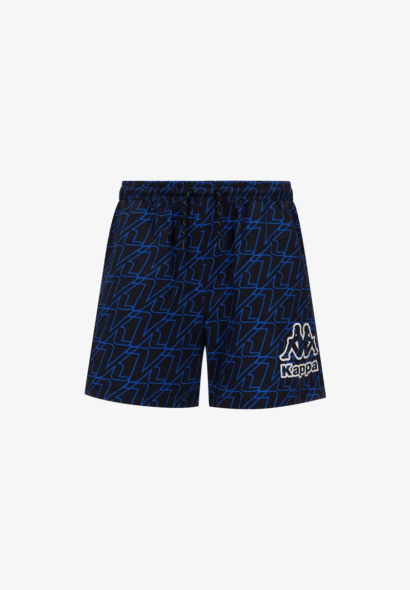 Shorts noirs avec un motif en zigzag bleu, taille élastique avec cordon, et logo Kappa en blanc sur le bas à gauche.