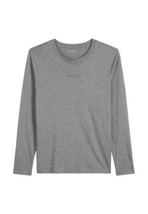 T-shirt à manches longues gris en tissu doux. Encolure ronde, design simple avec un logo subtil imprimé sur le devant. Texture lisse, coupe régulière.