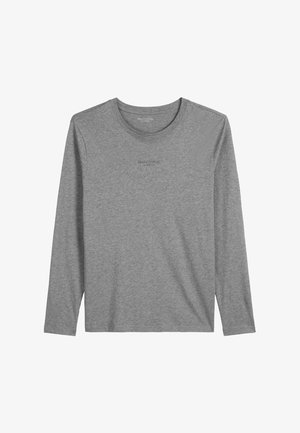 Graues Langarm-T-Shirt aus weichem Material. Rundhalsausschnitt, schlichtes Design mit dezentem Logo auf der Vorderseite. Glatte Textur, normale Passform.
