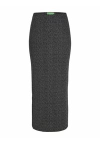 Grå, strikket blyantskirt med en tætsiddende silhuet. Har en elastisk talje og en glat tekstur. Grøn label synlig på toppen.
