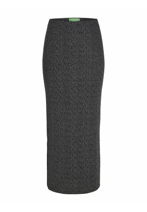 Grå, strikket blyantskirt med en tætsiddende silhuet. Har en elastisk talje og en glat tekstur. Grøn label synlig på toppen.