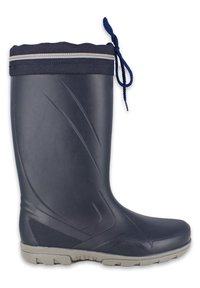 Bota de lluvia de goma negra con suela exterior gris, lados texturizados y un cuello con cordón azul marino para un ajuste ajustable. Presenta un diseño elegante y material duradero.
