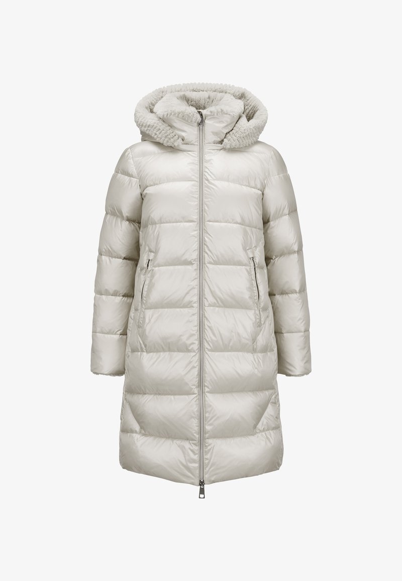 Aufgeplusterte, kapuzenförmige Jacke in hellem Beige, mit einer weichen Fleece gefütterten Kapuze, Reißverschluss vorne und Seitentaschen, sowie einer glatten, glänzenden Außenseite.