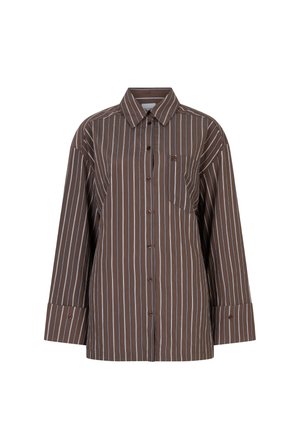 Brown long-sleeve button-up shirt with white vertical stripes, pointed collar, chest pocket, and buttoned cuffs.