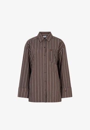 Brown long-sleeve button-up shirt with white vertical stripes, pointed collar, chest pocket, and buttoned cuffs.