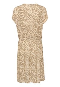 Rochie scurtă cu mâneci scurte, de culoare bej și crem, cu un model de dungi zebra, talie elastică și croială lejeră, realizată dintr-un material ușor.