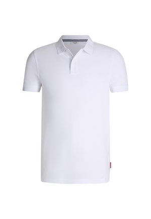 Weißes Poloshirt aus Baumwolle, mit einem Kragen, kurzen Ärmeln und dezenter Logotextur auf der Vorderseite. Klassisches Design mit klaren Linien.