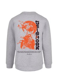 Gray sweatshirt with round neck, featuring bold orange graphic design of traditional Japanese elements and text on the back.